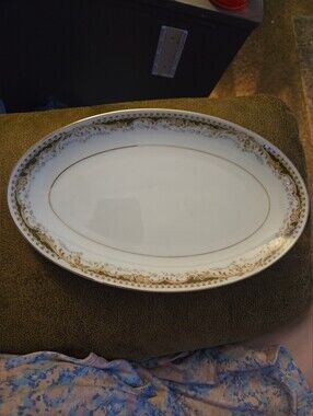 Queen Anne Signature Collection fine china oval platter featuring a green & gold